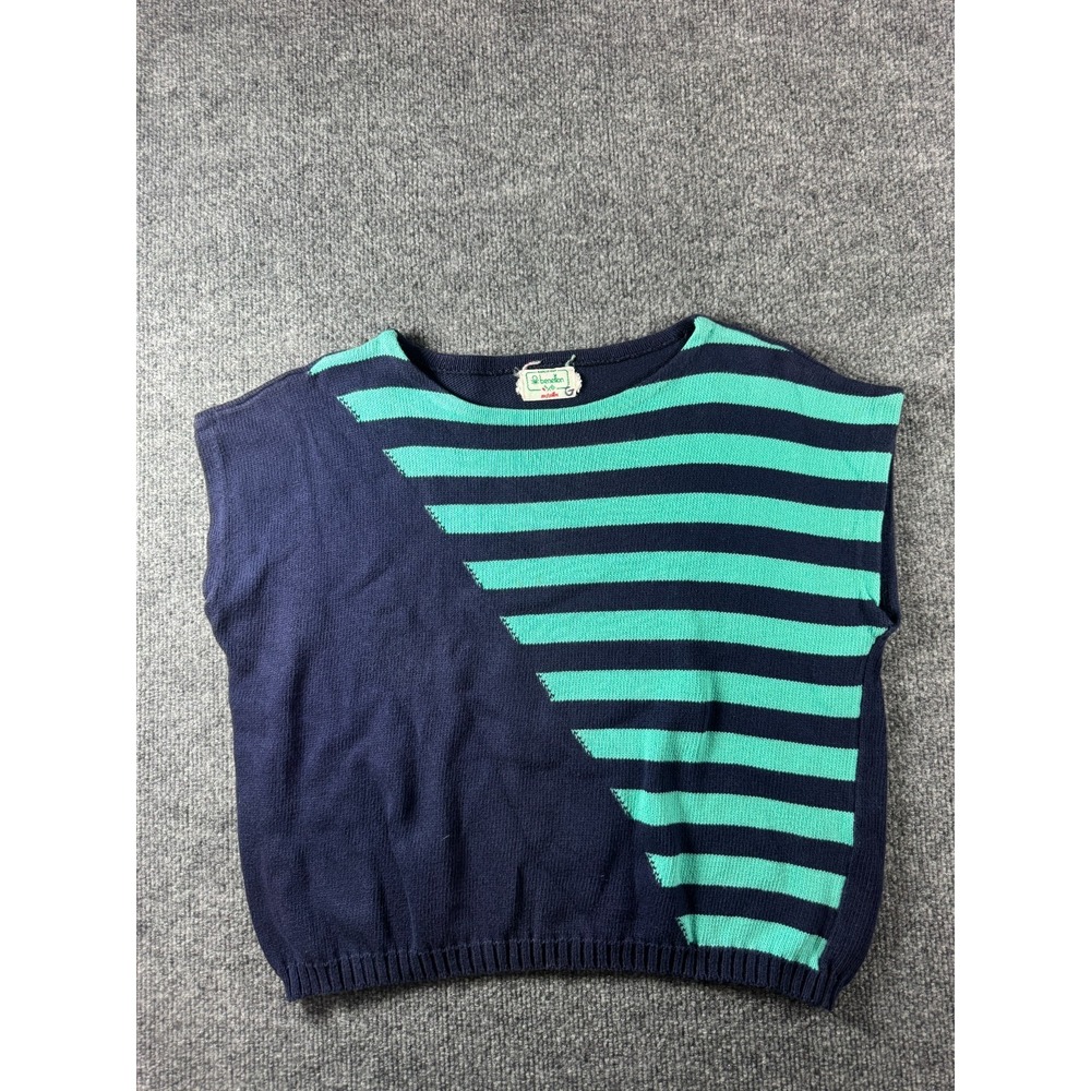 Vtg United Colors of Benetton Sweater Vest Womens Blue Green Striped Pullover